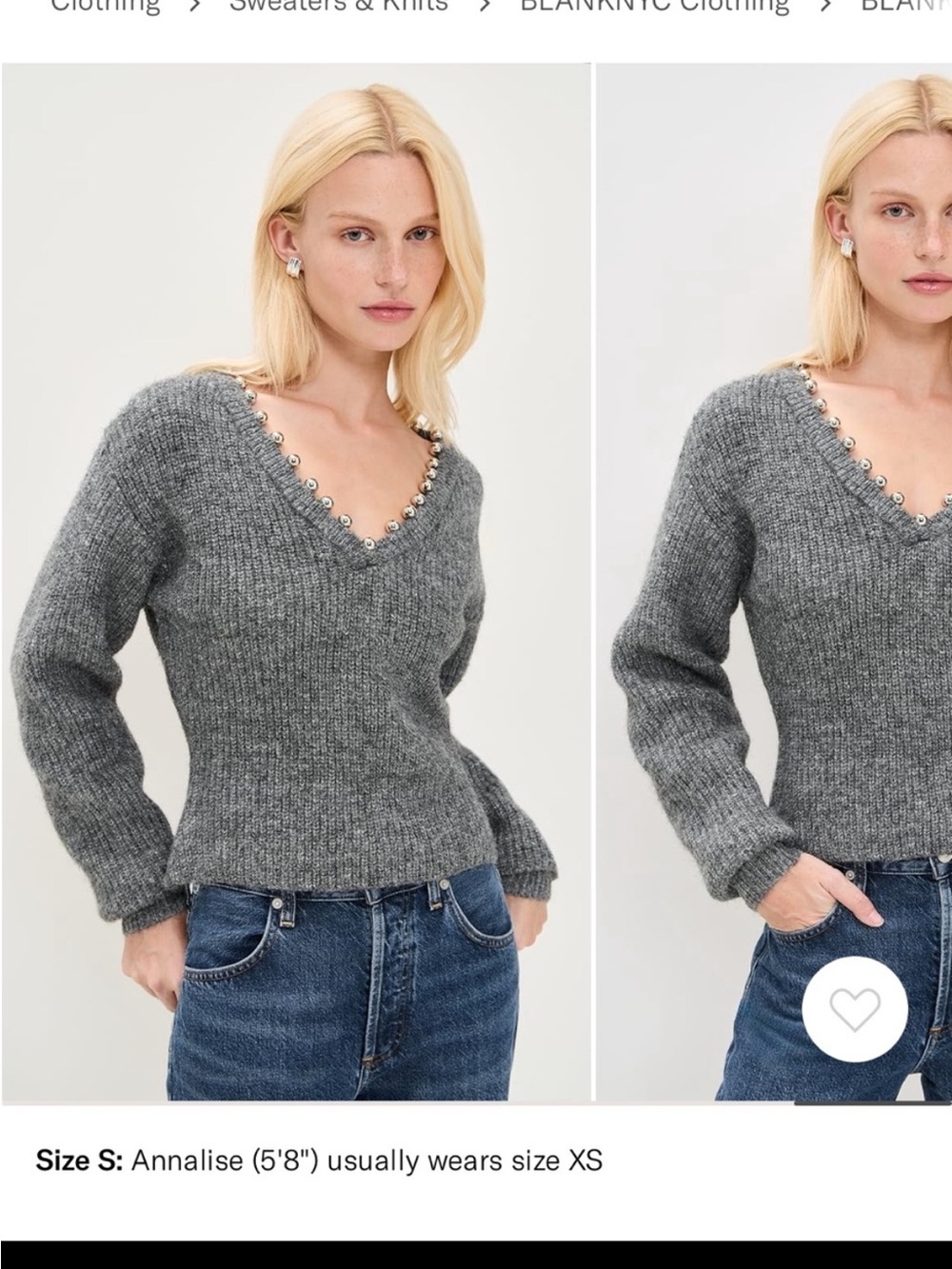 Blank NYC Gray V‑Neck beaded Trim Sweater